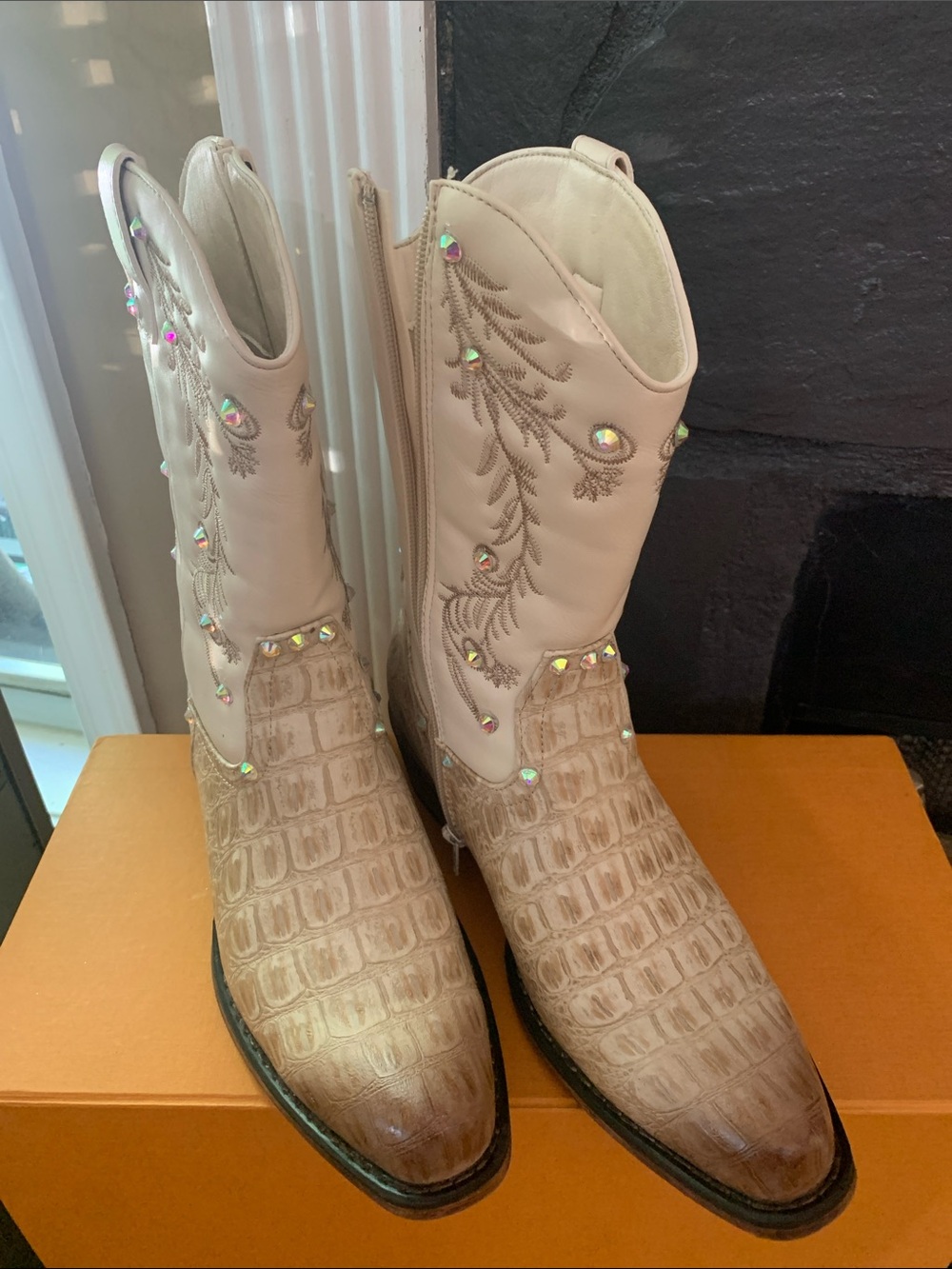 Pierre Dumas Cream Embellished Faux-Croc Zip Up Western Boots